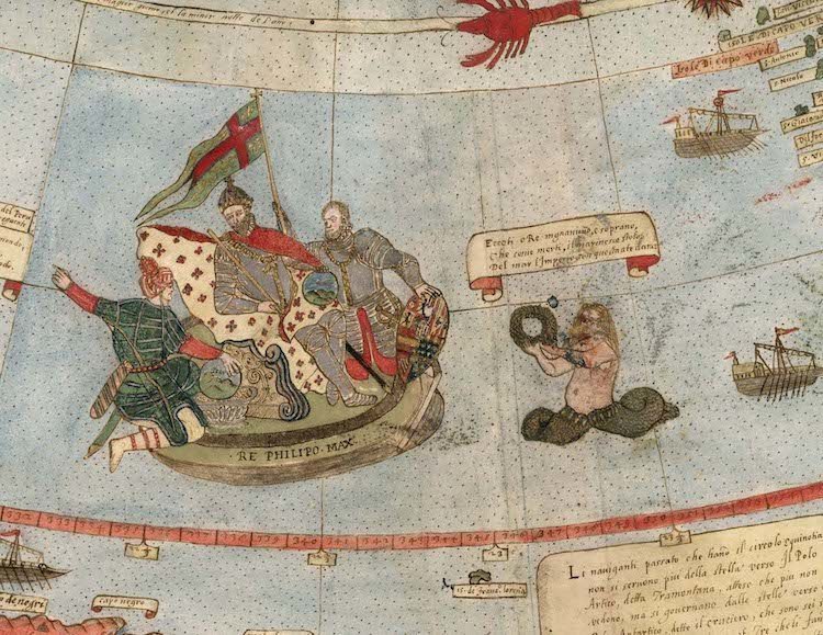 Изображение короля Испании Филиппа II рядом с побережьем Бразилии