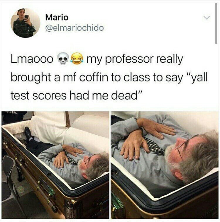 "Мой профессор в колледже реально принёс на пару гроб, чтобы сказать, что наши результаты теста его убили"