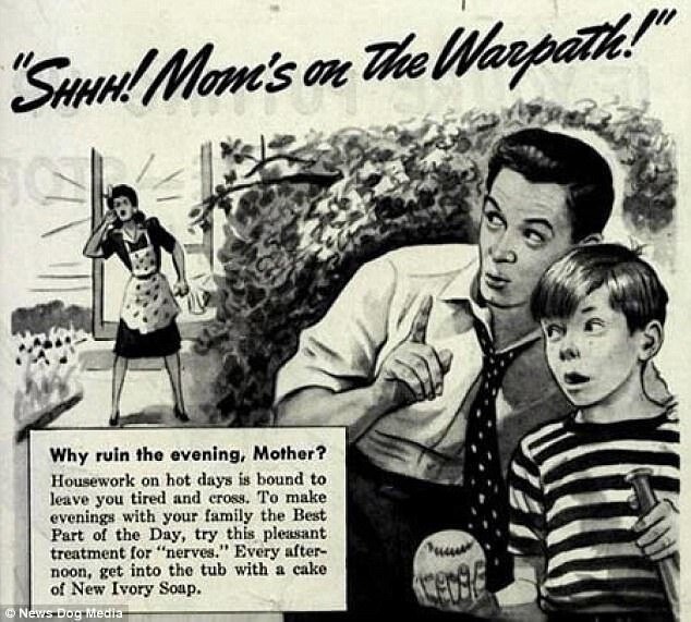 "Тихо" Мама вышла на тропу войны!" Реклама мыла New Ivory Soap, предлагающая лечить "нервы" истеричных домохозяек горячей ванной с пеной, 1940-е гг. 