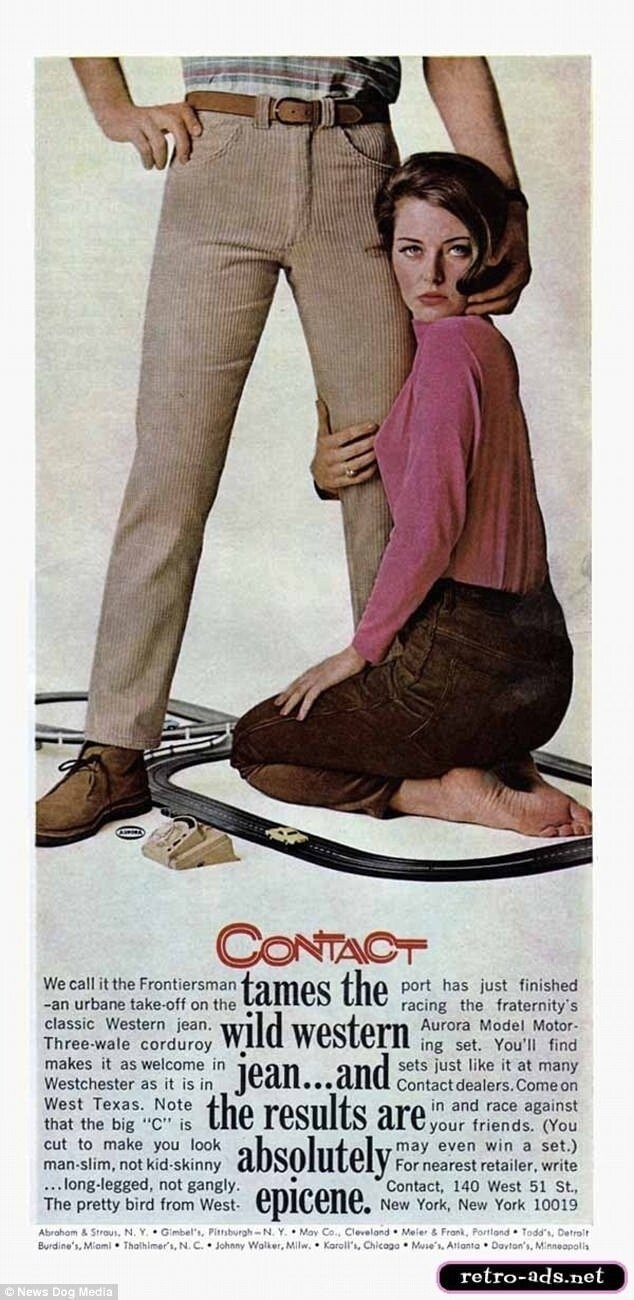 Реклама джинсов Contact с явным сексуальным подтекстом, 1970-е гг. 