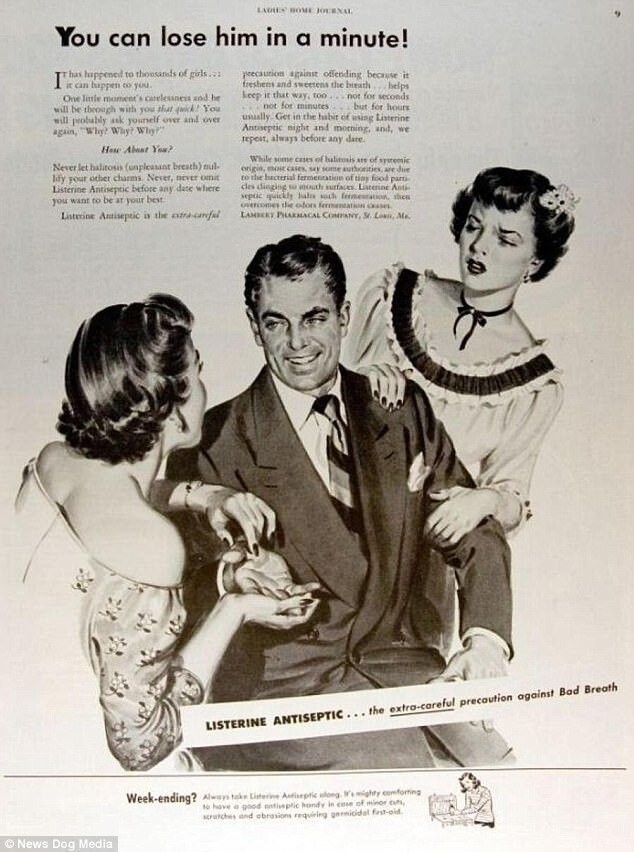 "Вы можете потерять его в мгновение ока!" - если у вас плохо пахнет изо рта. Реклама ополаскивателя Listerine, 1950-е гг. 