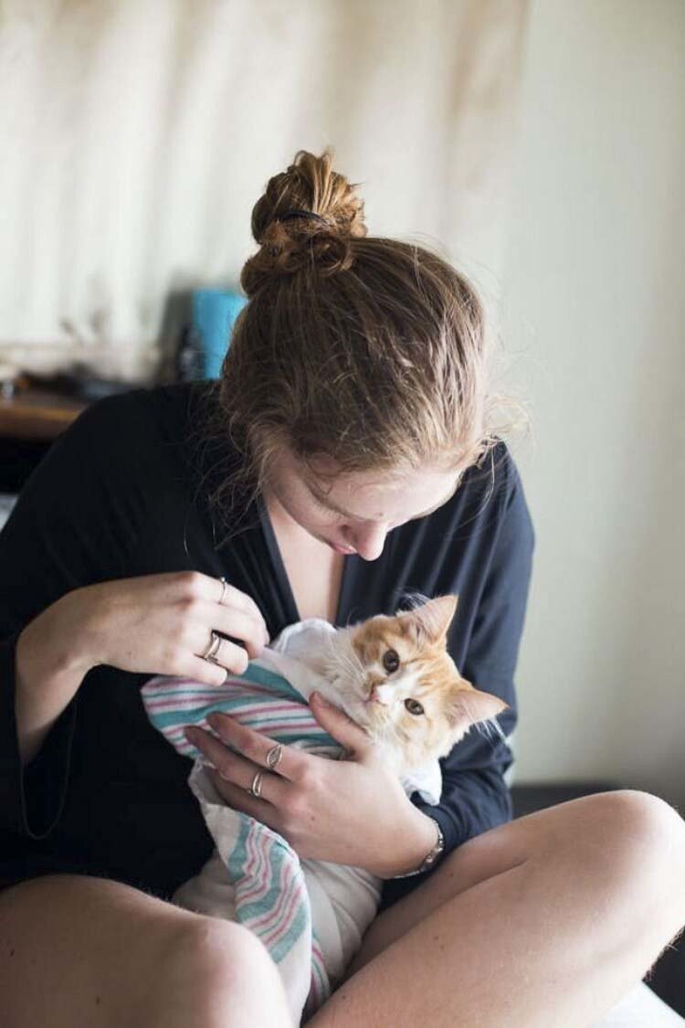 Пара устроила шуточную фотосессию родов, в результате которых на свет появился кот
