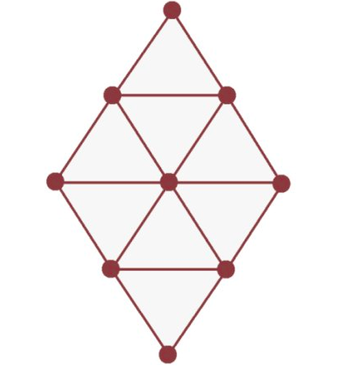 9. На рисунке изображена кристаллическая решетка, атомы которой соединены между собой связями и образуют восемь равносторонних одинаковых треугольников. Уберите четыре связи так, чтобы атомы образовали четыре отдельных равносторонних треугольника