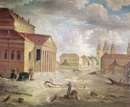 Самое мощное наводнение за всю историю Петербурга в 1824 года. Вода поднялась на 4 метра..Рис.2