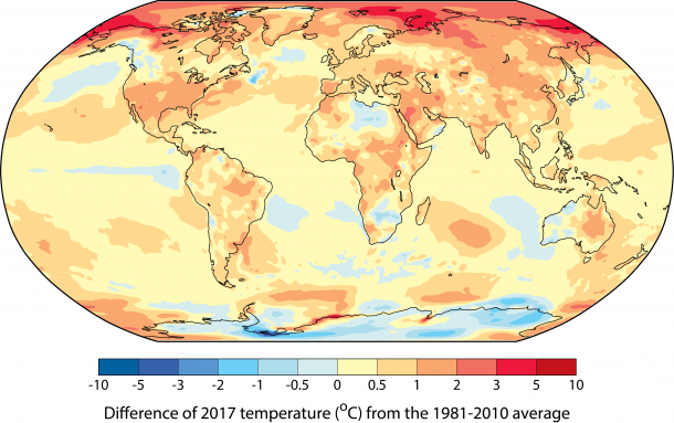 Отклонение среднегодовой температуры в 2017 году от уровня 1981–2010 гг.