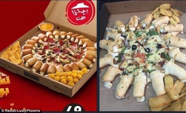 3. Слева - реклама пиццы от Pizza Hut, справа - реальность