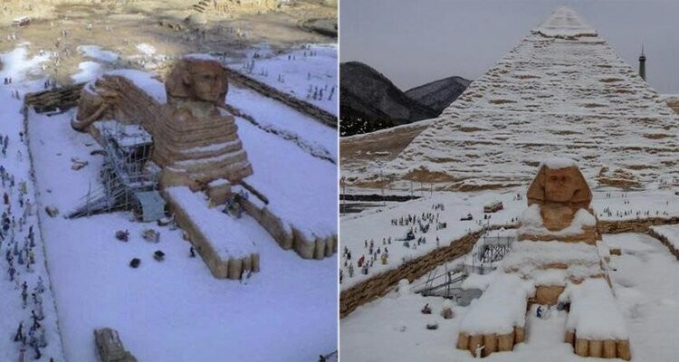 Первый за 112 лет снегопад в северной Африке покрыл Сфинкса снегом