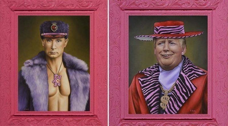 Художник перекраивает традиционные образы знаменитых людей, перенося их в свой розовый мир