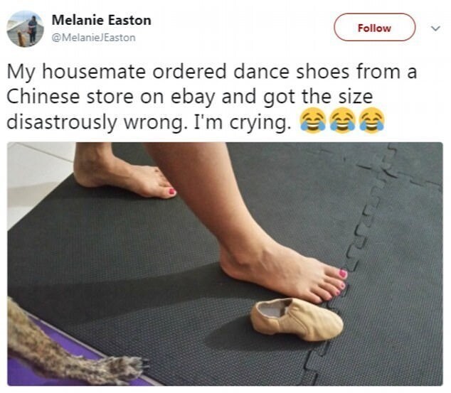 "Моя соседка заказала туфли для танцев в китайском магазине на eBay и получила туфли совсем не того размера. Я рыдаю"