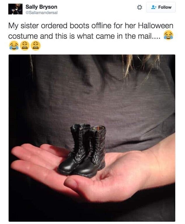 "Сестра заказала ботинки для хеллоуинского костюма и вот что пришло по почте..."