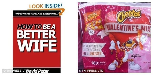 Слева: книга "Как стать женой получше". Справа: праздничный подарок для любителей Cheetos