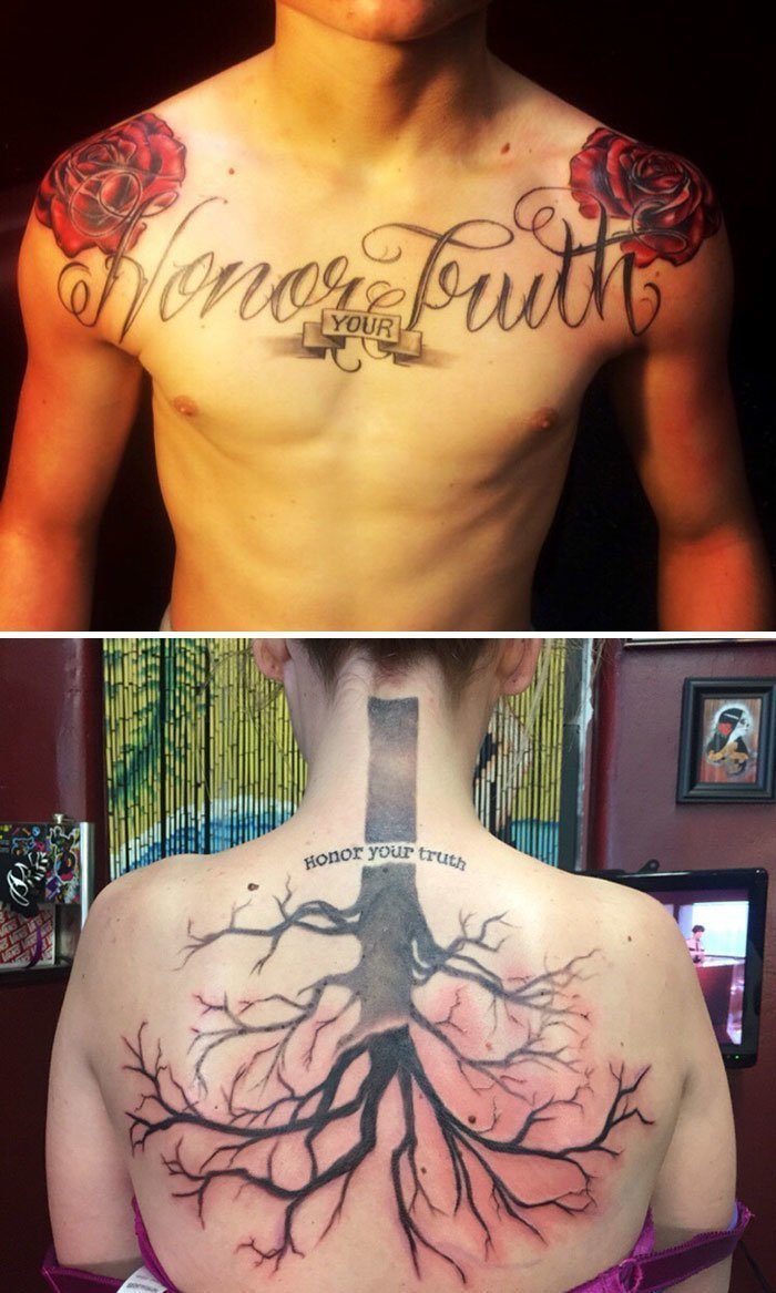 20. "Моего брата убили в 2015 году. У него на груди была татуировка с надписью "Уважай свою правду", я сделала себе похожую. Его кремировали и прах поместили в био-урну, то есть он "переродится" в большое и красивое дерево. Эта тату - в память о нём"