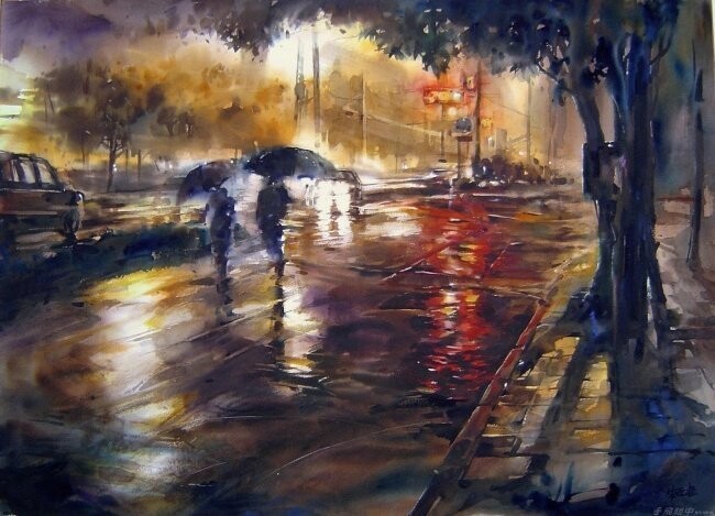 Дождь в большом городе. Акварельные картины Лина Чинг Че