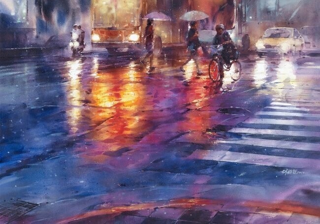 Дождь в большом городе. Акварельные картины Лина Чинг Че