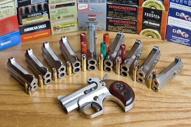 Простая замена сдвоенного ствола позволит адаптировать пистолет практически под любой пистолетный патрон и даже некоторые типы боеприпасов для гладкоствольных ружей.