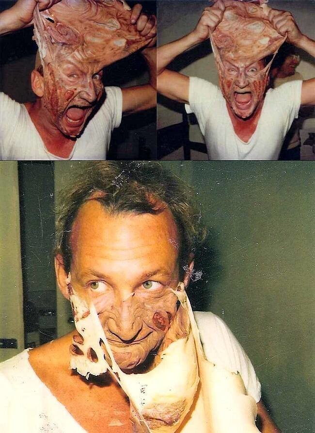Роберт Энглунд снял свой макияж Фредди Крюгера на съемочной площадке « Кошмар на улице Вязов» .