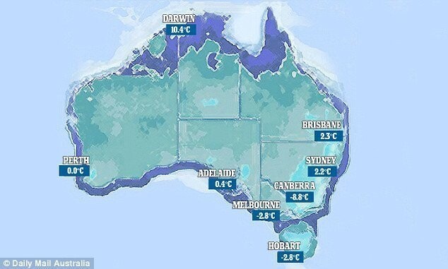 Карта самых низких июльских температур - по данным Национального метеорологического бюро Австралии