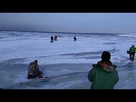 Рыбаки убегают от волны,которая ломает лед 