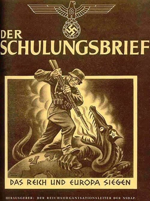 Третий рейх и Европа побеждают зло Большевистского дракона. Обложка журнала «Der Schulungsbrief». Германия, 1942 год.