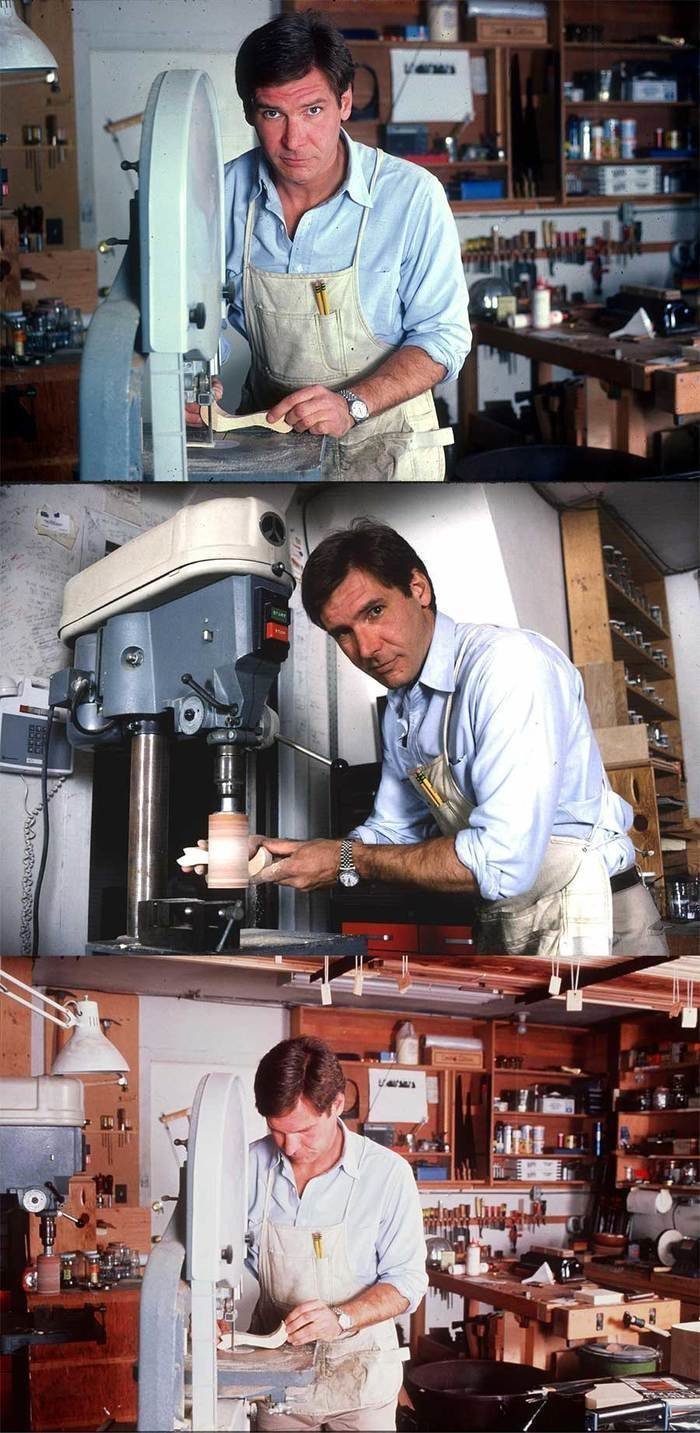 Харрисон Форд демонстрирует навыки деревообработки в своём доме в Бель-Эйр, 1984 год.