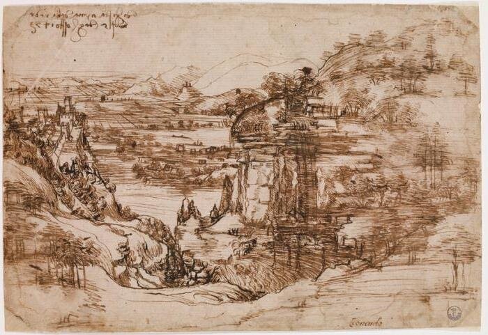 Первая работа Леонардо  "Маленький набросок долины реки"