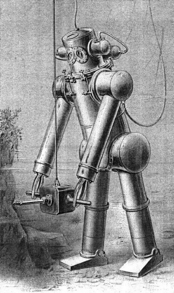 Один из первых водолазных костюмов с поддержанием давления, разработан М. де Плюви, 1906