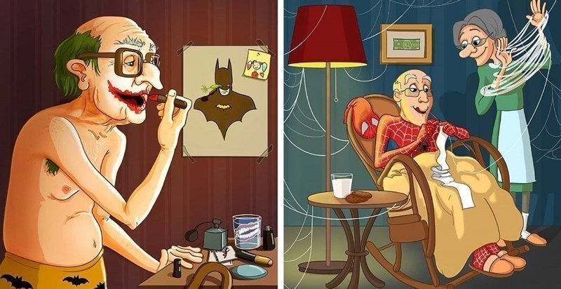 Художница изобразила супергероев, вышедших на пенсию