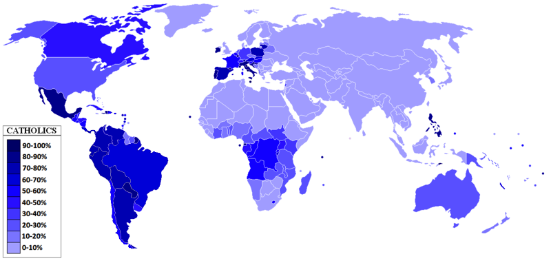 Процентное соотношение католиков по странам