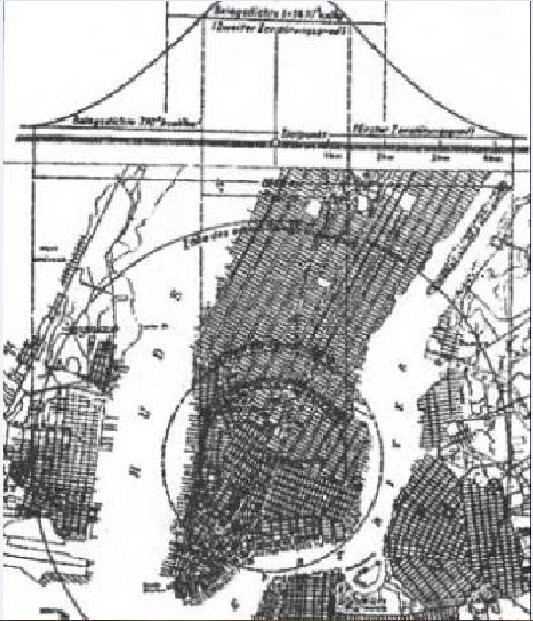 На этой карте нанесены концентрические круги, изображающие различные зоны поражения ударной волной и тепловой энергией при взрыве атомной бомбы над городом Нью-Йорком.