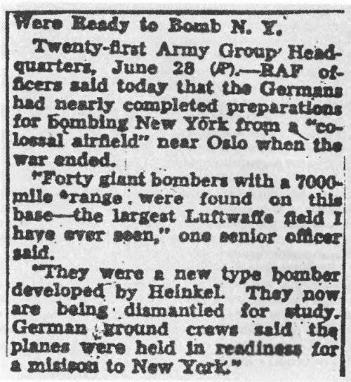 Статья в «Вашингтон пост» от 29 июня 1945 года об аэродроме Люфтваффе под Осло и сорока дальних бомбардировщиках.