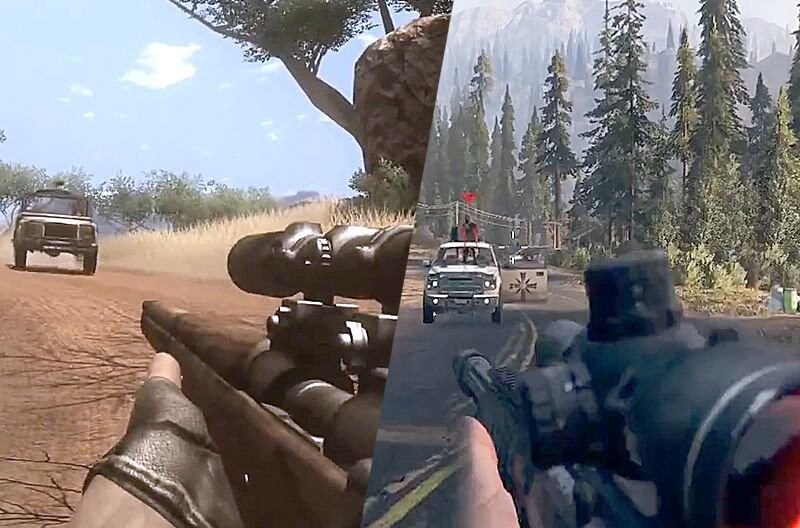 Игра Far Cry 2 (слева) вышла 21 октября 2008 года, а Far Cry 5 (справа) увидела свет 27 марта 2018. Обе игры используют движок Dunia Engine