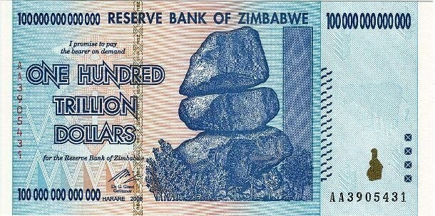 Банкнота Зимбабве достоинством в 100 триллионов долларов