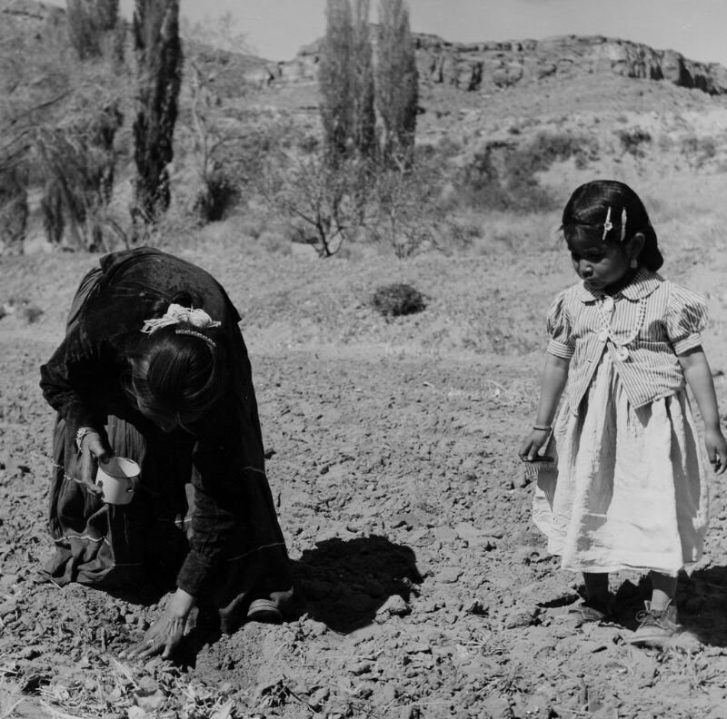 Мать и дочь делают весенние посевы. Туба, Аризона, 1948
