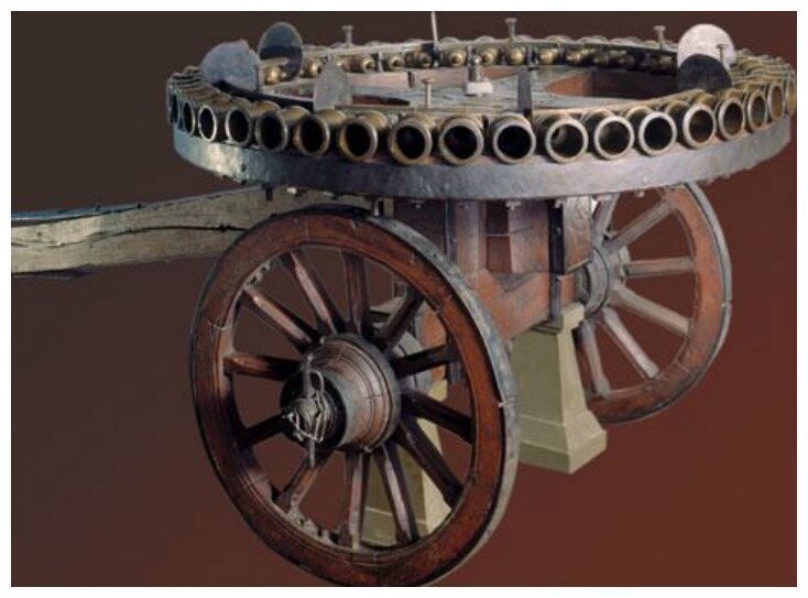 3-фн. 44-ствольная мортирная батарея системы А. К. Нартова изготовлена в 1754 г. в С-Петербургском арсенале