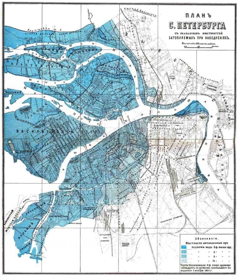 План Санкт-Петербурга конца XIX века, на котором отмечены области города, подверженные затоплению