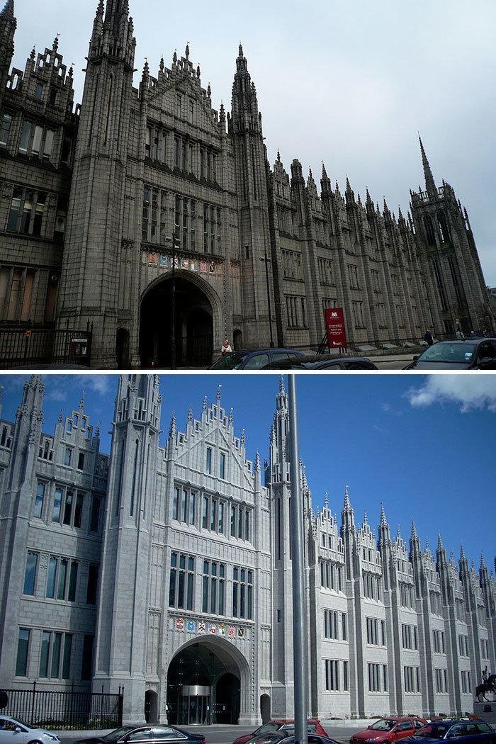 Колледж Маришаля, второе по величине гранитное здание в мире, до и после чистки 