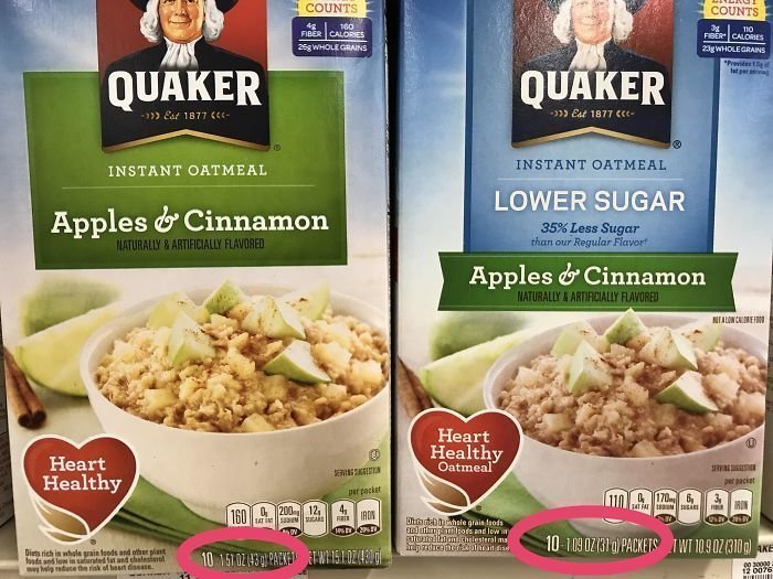 Компания Quaker продает две овсянки - обычную и диетическую, где "на 35% меньше сахара". Фишка в том, что производитель уменьшил саму упаковку на те же 35%, при этом продается она по цене обычной.