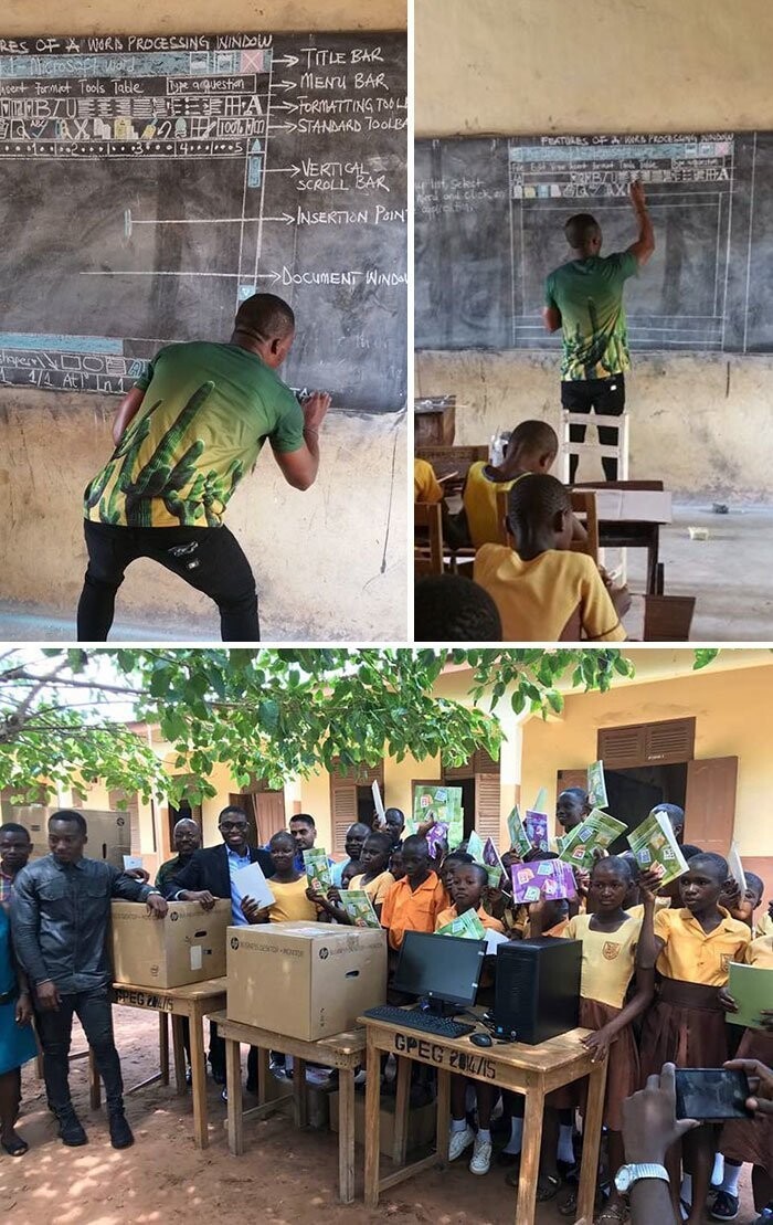 14. Учитель из Ганы учит детей пользоваться Microsoft Word с помощью рисунков на доске. После того, как эти фото облетели интернет, люди со всех уголков Земли присылали пожертвования, чтобы детям купили настоящие компьютеры.