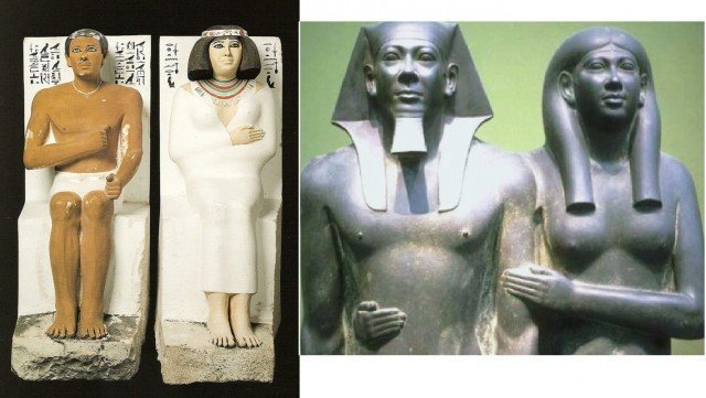 На фотографии принц Рахотеп с женой Нофрет, фараон Менкаура c женой Хамерернебти. IV династия, Древнее царство, XXVII-XXV века до н.э.