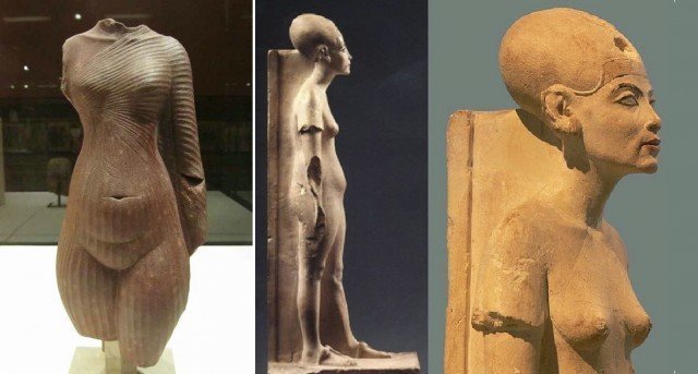 А вот перед вами сама царица Нефертити и, да, она одета!  «Торс юной Нефертити» и «Нефертити в возрасте». Амарна. XIV в. до н.э.
