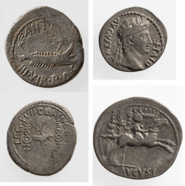 Слева динарий Марка Антония, справа – императора Августа 