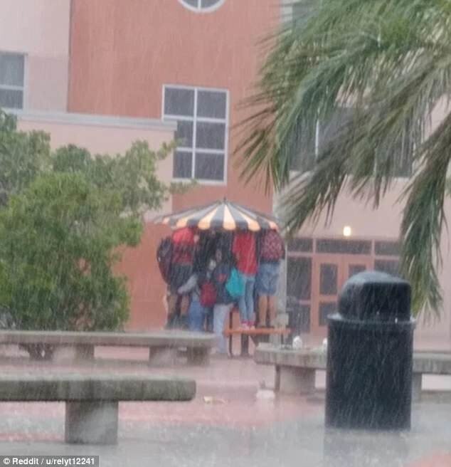 Студенты укрываются под маленьким зонтиком после того, как страшный ливень застал их врасплох