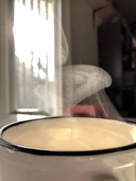 Когда пар, исходящий от утреннего кофе, подбирается к солнечному свету, вы можете разглядеть отдельные капли воды, висящие в воздухе.  Как маленькое облако.