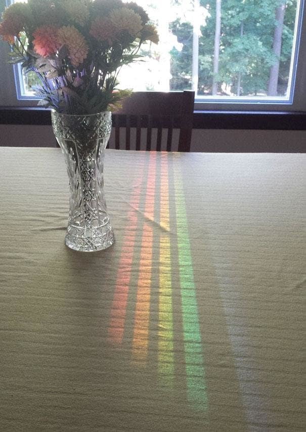 Мне нравится эта фотография: во-первых, окно создает радугу на столе рядом с цветами.  Во-вторых, стул разделяет спектр радуги на четыре аккуратных ряда.