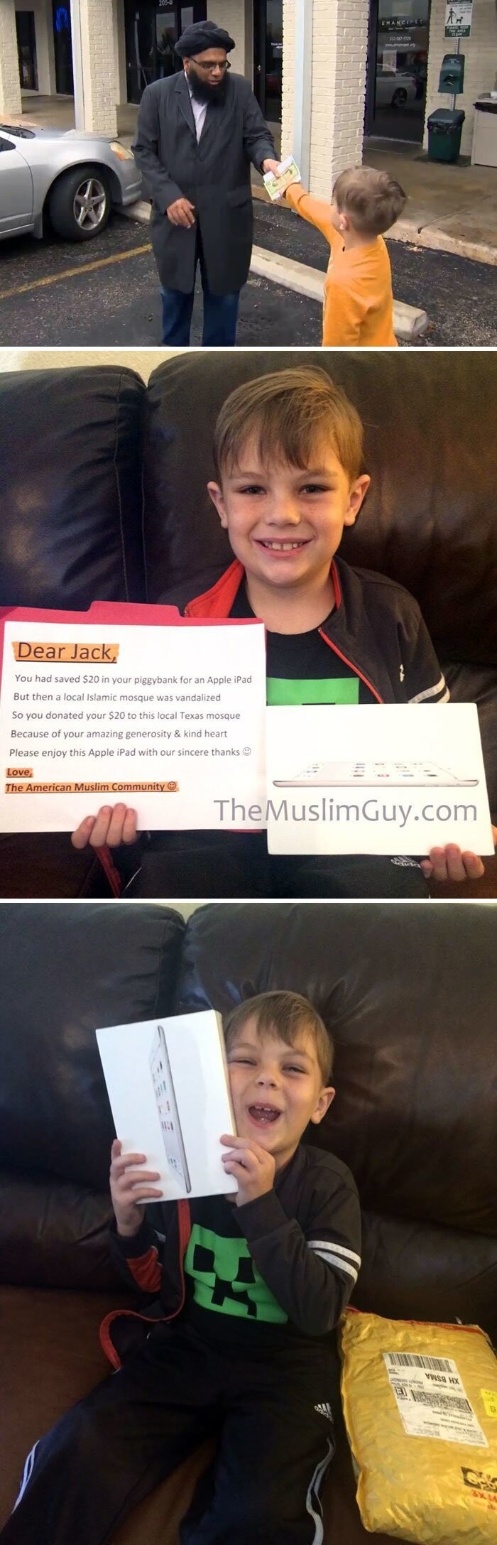 7-летний мальчик пожертвовал на восстановление разрушенной мечети 20 долларов из своей копилки. Он копил деньги на iPad. И он его получил - с благодарственным письмом от Американского мусульманского сообщества.