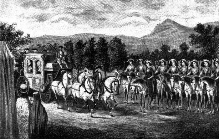 Неизвестный художник. Встреча Екатерины II с *амазонской ротой* вблизи Балаклавы в 1787 г. 