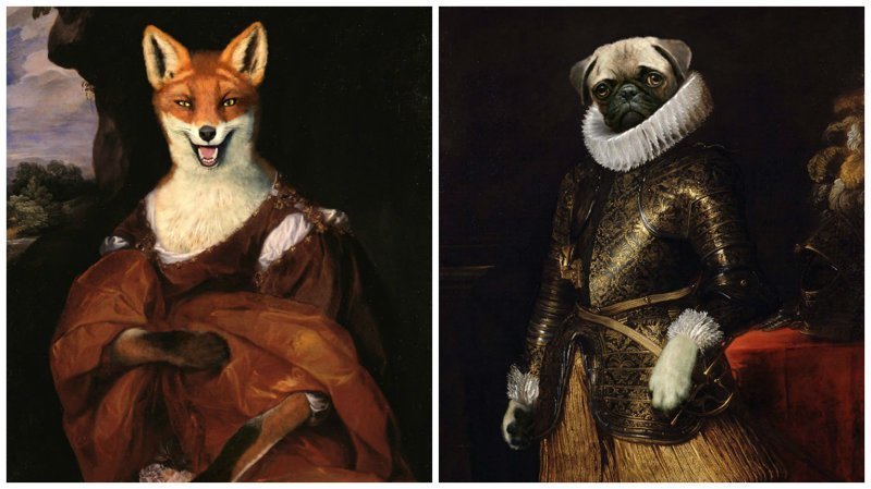 Художник вставляет животных и поп-персонажей в портреты аристократов