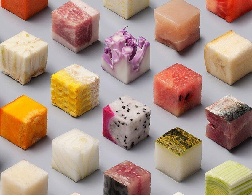 Идеально ровные кубики разных продуктов - от капусты до тунца