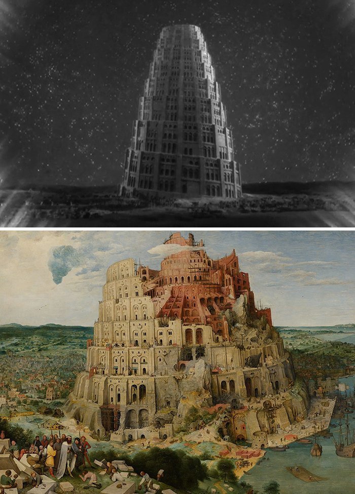 19. Фильм: "Метрополис" (Фриц Ланг, 1927). Картина: "Вавилонская башня" (Питер Брейгель, 1563)