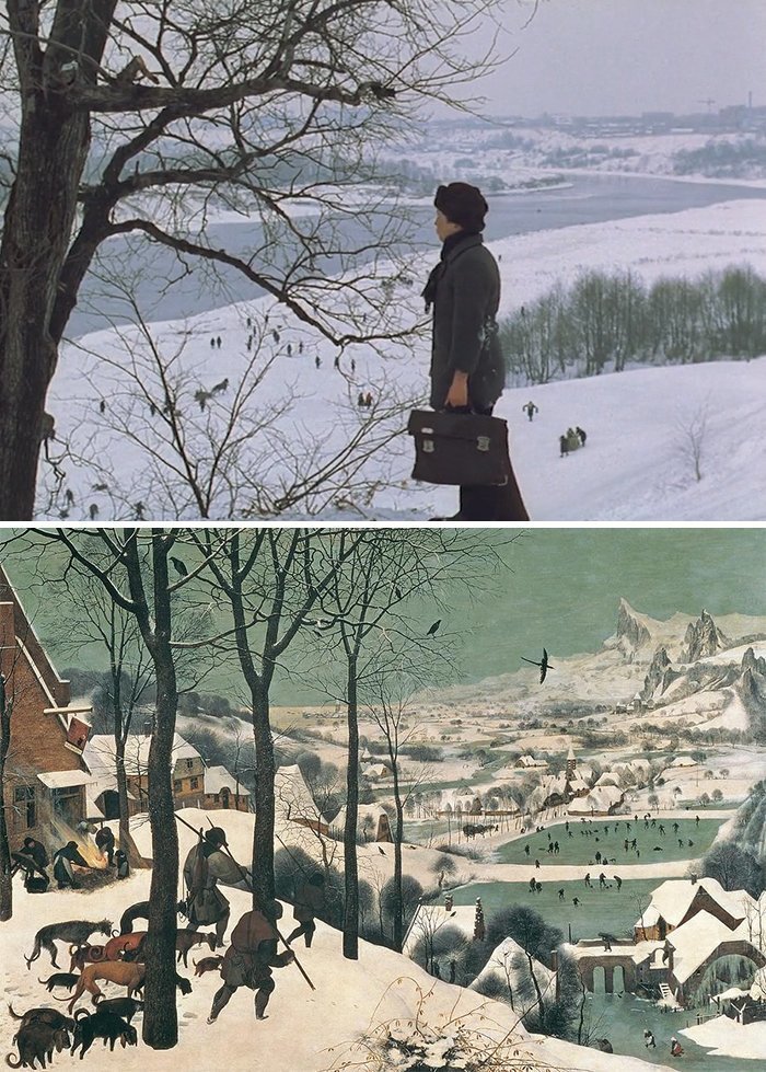 25. Фильм: "Зеркало" (Андрей Тарковский, 1975). Картина: "Охотники на снегу" (Питер Брейгель, 1565)